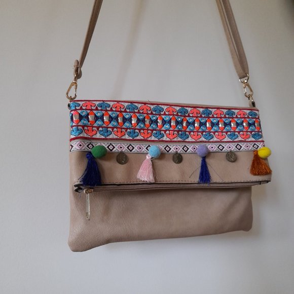 Handbags - Nude Multicoloured Embellished Tassel Boho Festival Crossbody Shoulder Bag